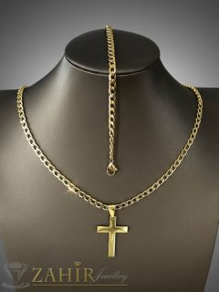 Класически стоманен комплект ланец с ширина 0,5 см, 4 дължини и висулка полиран кръст 3 см  и гривна в 4 размера, златно покритие - ML1847